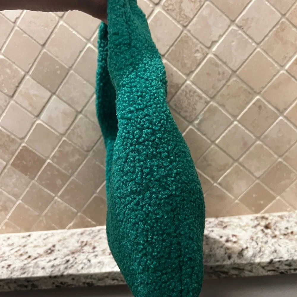 Green Fluffy Knot‎ Handle Curved Faux Sherpa Hobo Bag